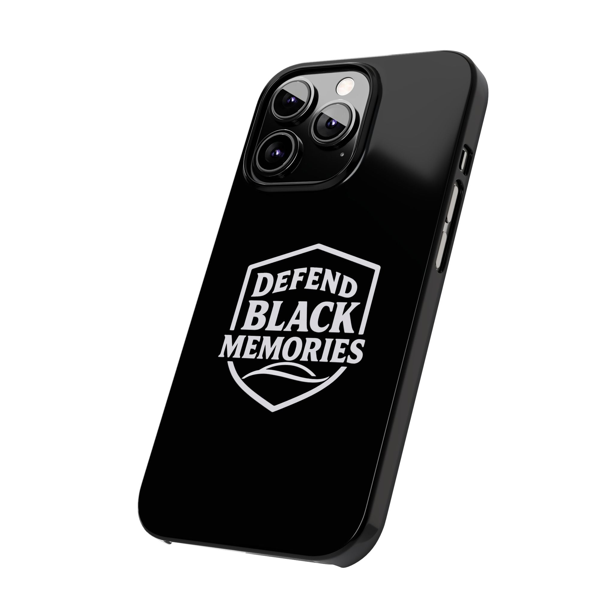 Defend Black Memories Slim Phone Case — Black Shield Typography Protective Cover