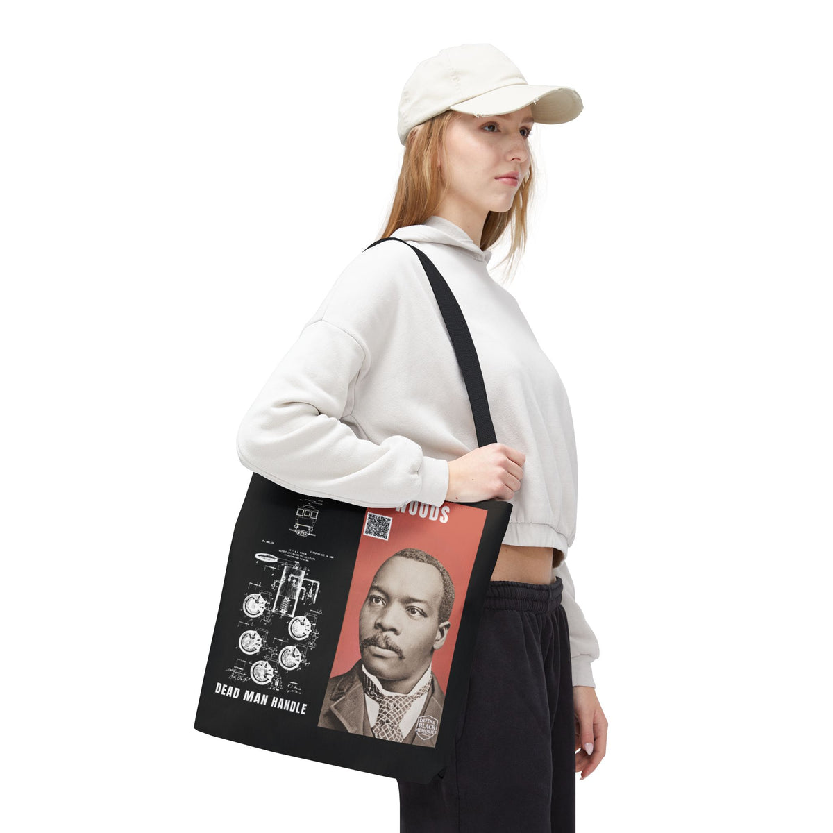 Granville T. Woods Historical Portrait Black Tote Bag (Trans/Dark Cerulean Block)