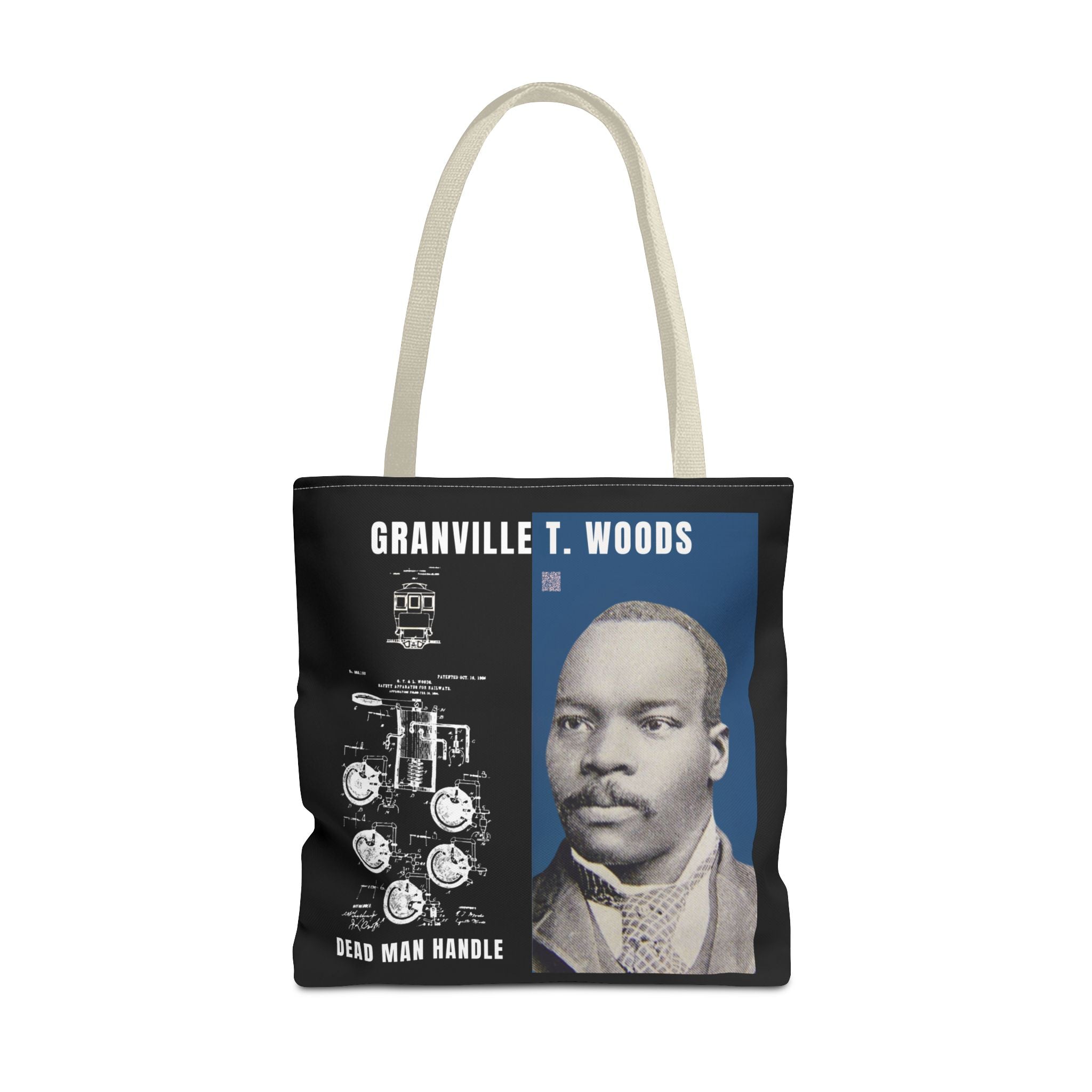 Granville T. Woods Historical Portrait Black Tote Bag (Trans/Dark Cerulean Block)