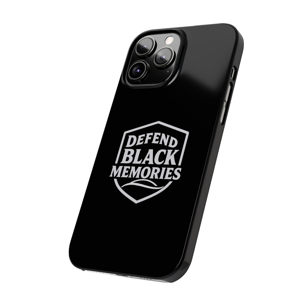 Defend Black Memories Slim Phone Case — Black Shield Typography Protective Cover