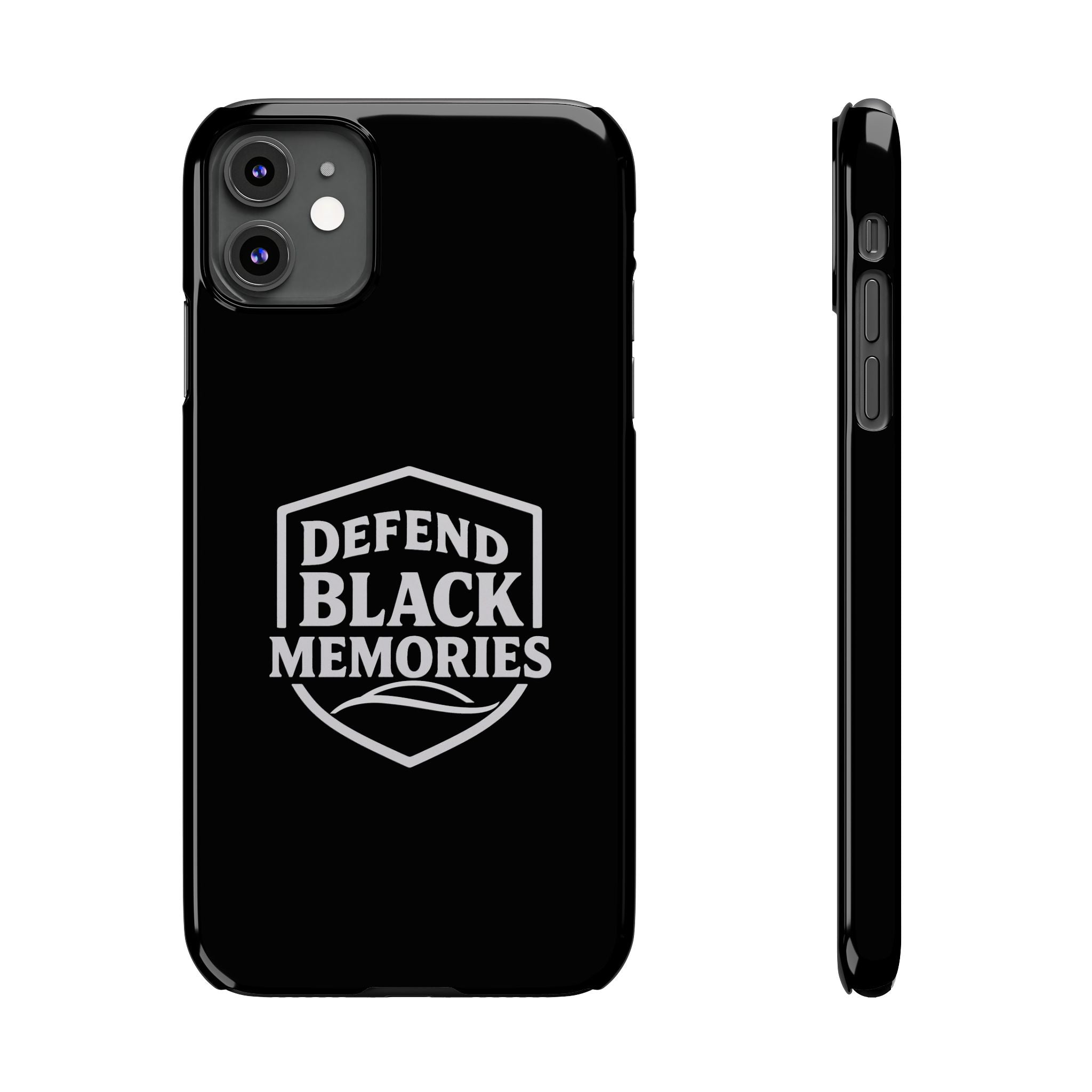 Defend Black Memories Slim Phone Case — Black Shield Typography Protective Cover