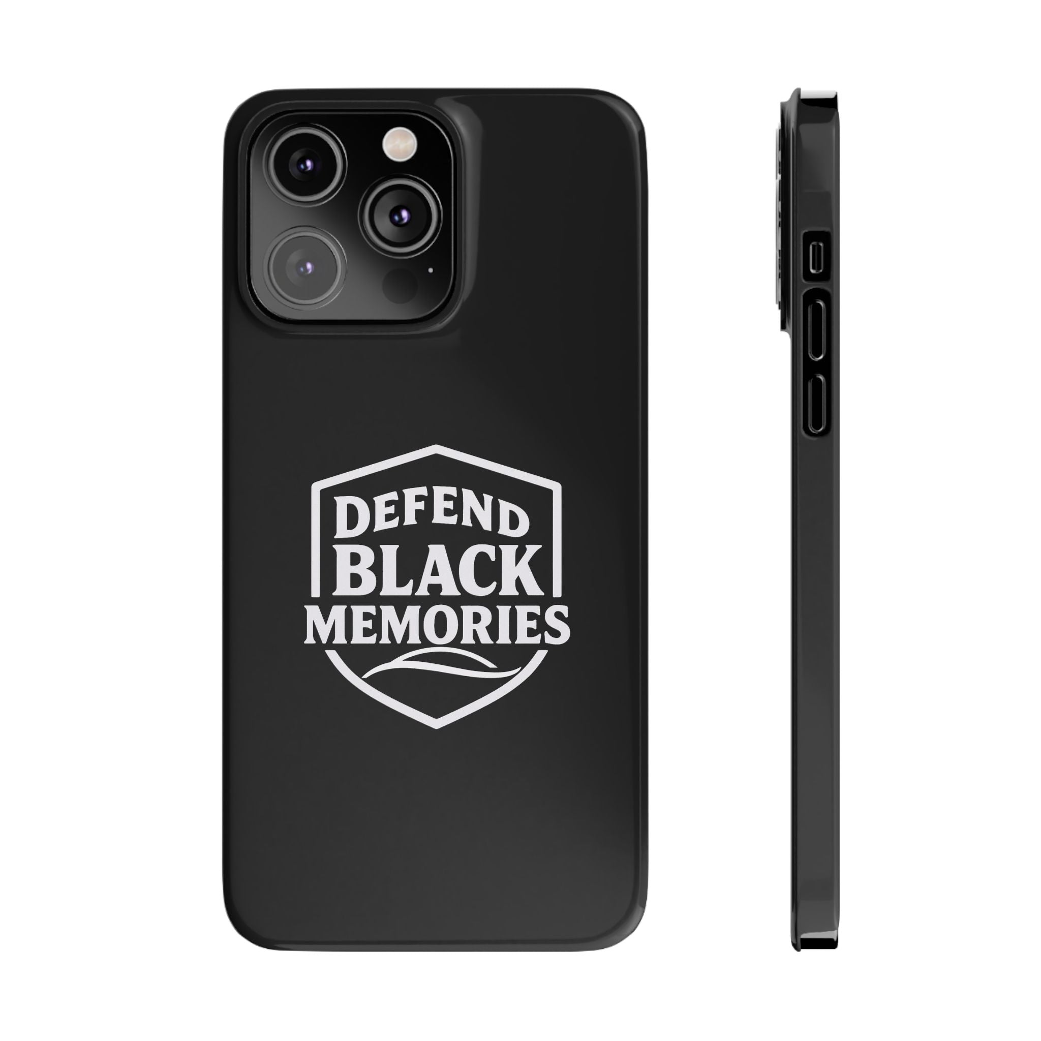 Defend Black Memories Slim Phone Case — Black Shield Typography Protective Cover