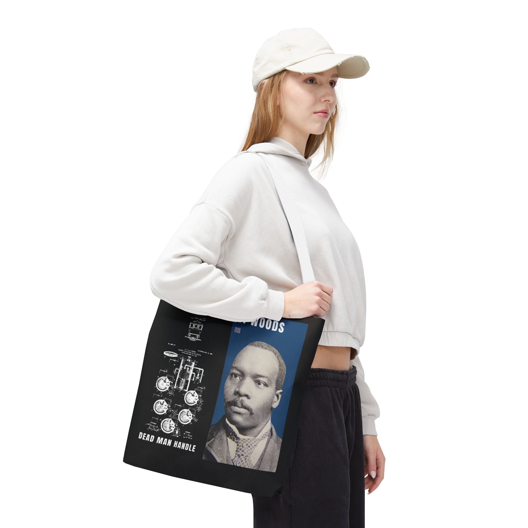 Granville T. Woods Historical Portrait Black Tote Bag (Trans/Dark Cerulean Block)