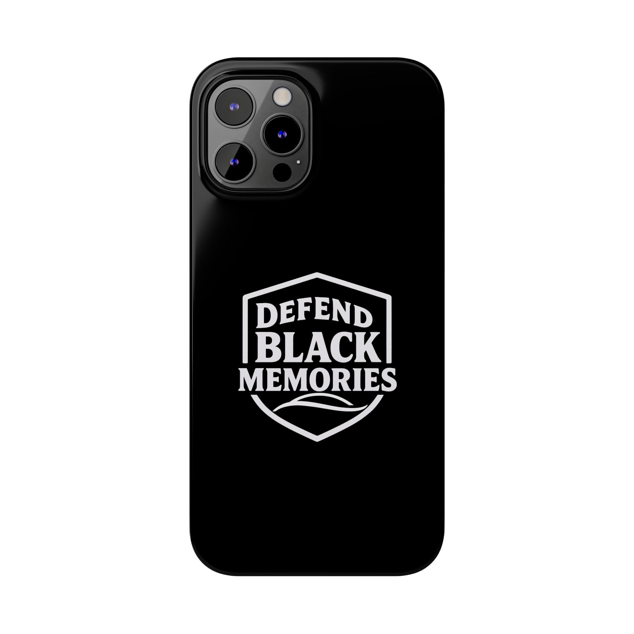 Defend Black Memories Slim Phone Case — Black Shield Typography Protective Cover