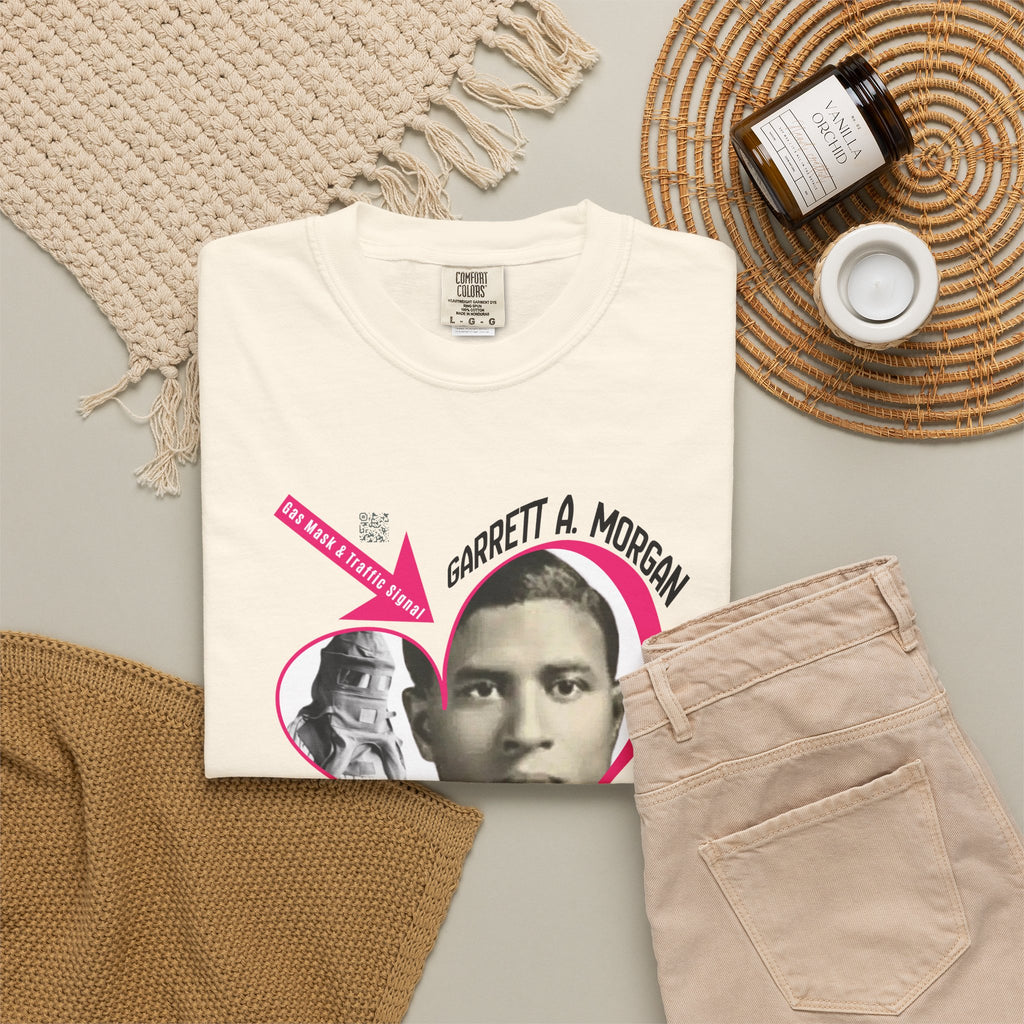 Garrett A. Morgan Oversize Heart Tribute Tee — Inventor of Traffic Signal & Gas Mask with QR Bio