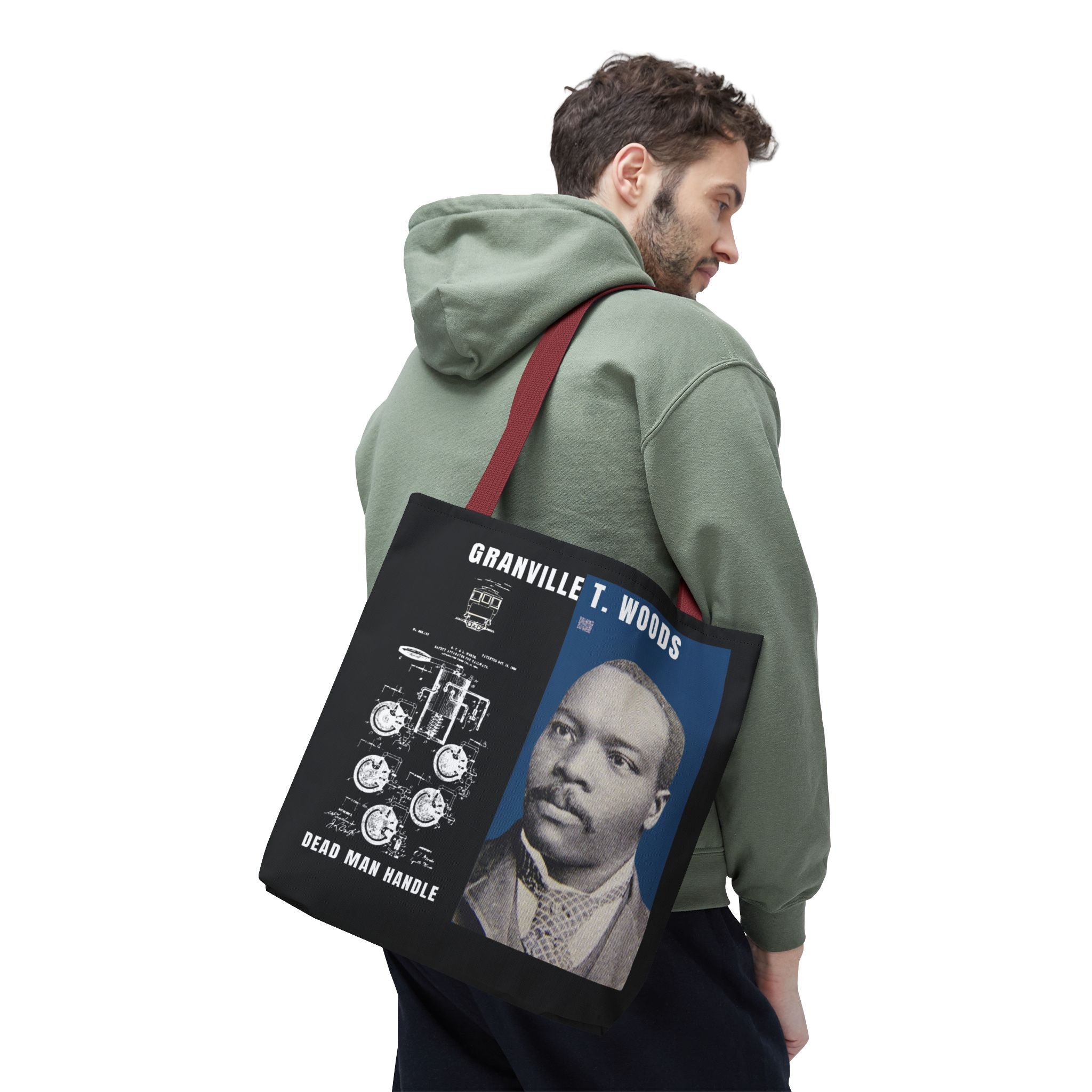 Granville T. Woods Historical Portrait Black Tote Bag (Trans/Dark Cerulean Block)