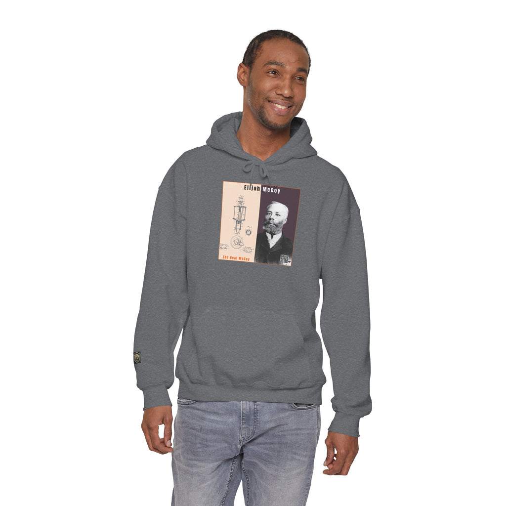 Defend Black Memories: Elijah McCoy Historical Black Portrait Big Back Logo Hoodie