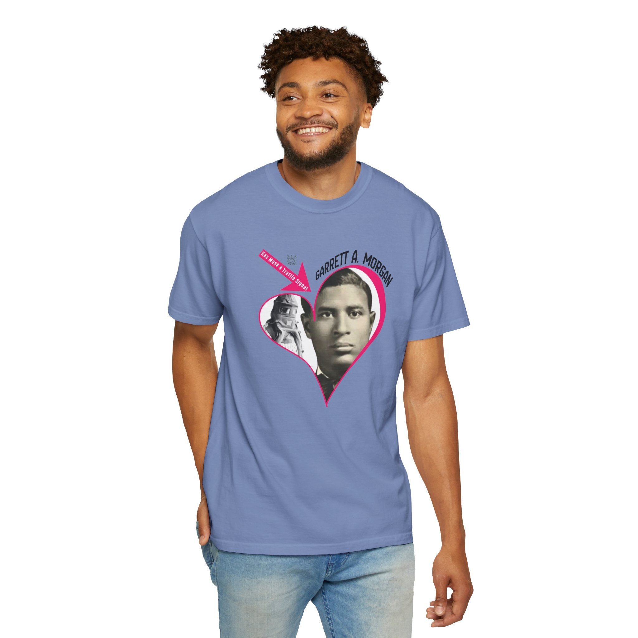 Garrett A. Morgan Oversize Heart Tribute Tee — Inventor of Traffic Signal & Gas Mask with QR Bio