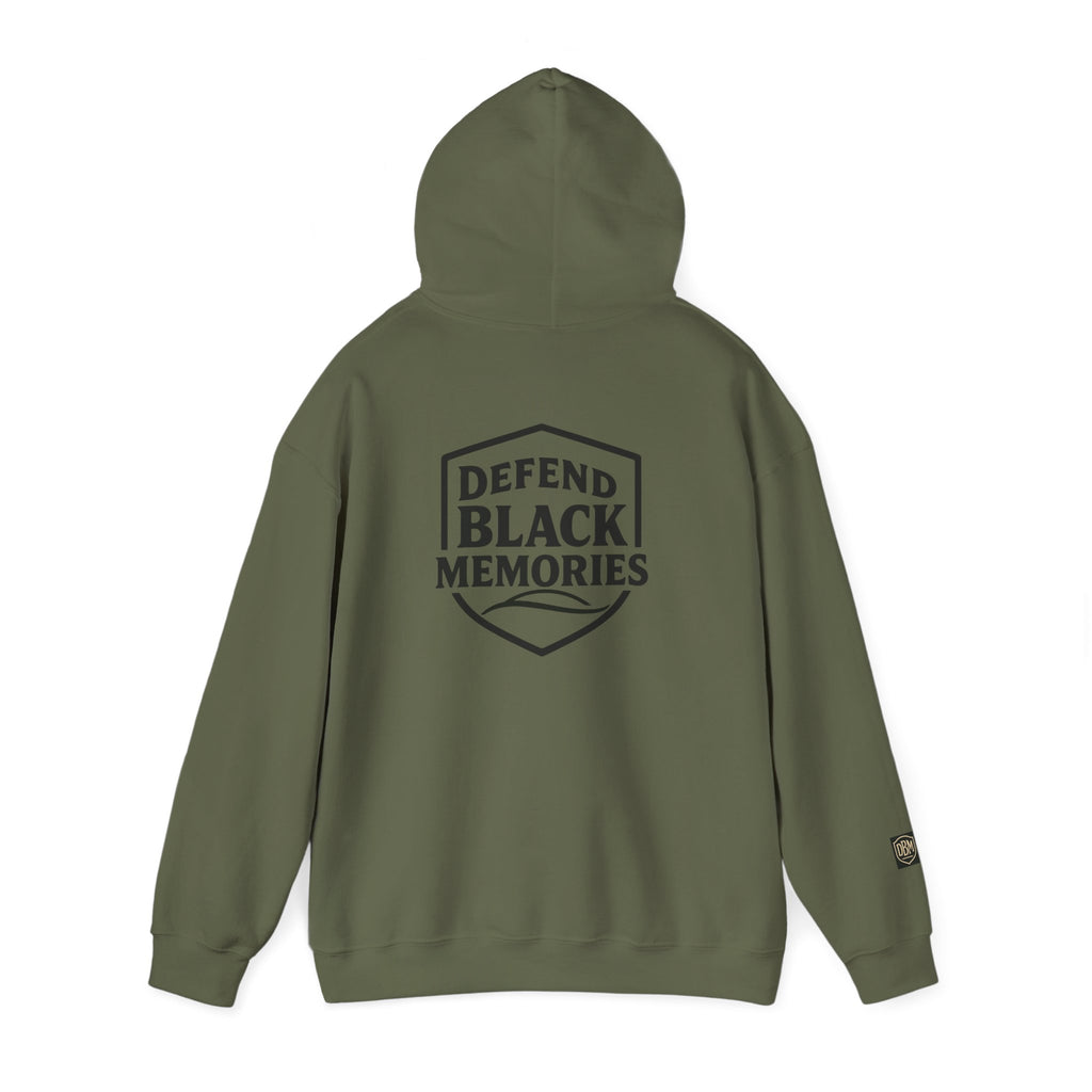 Defend Black Memories: Elijah McCoy Historical Black Portrait Big Back Logo Hoodie