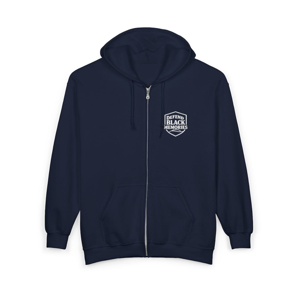 Defend Black Memories:Retro Shield Zip Hoodie — Minimal Crest Full-Zip Sweatshirt