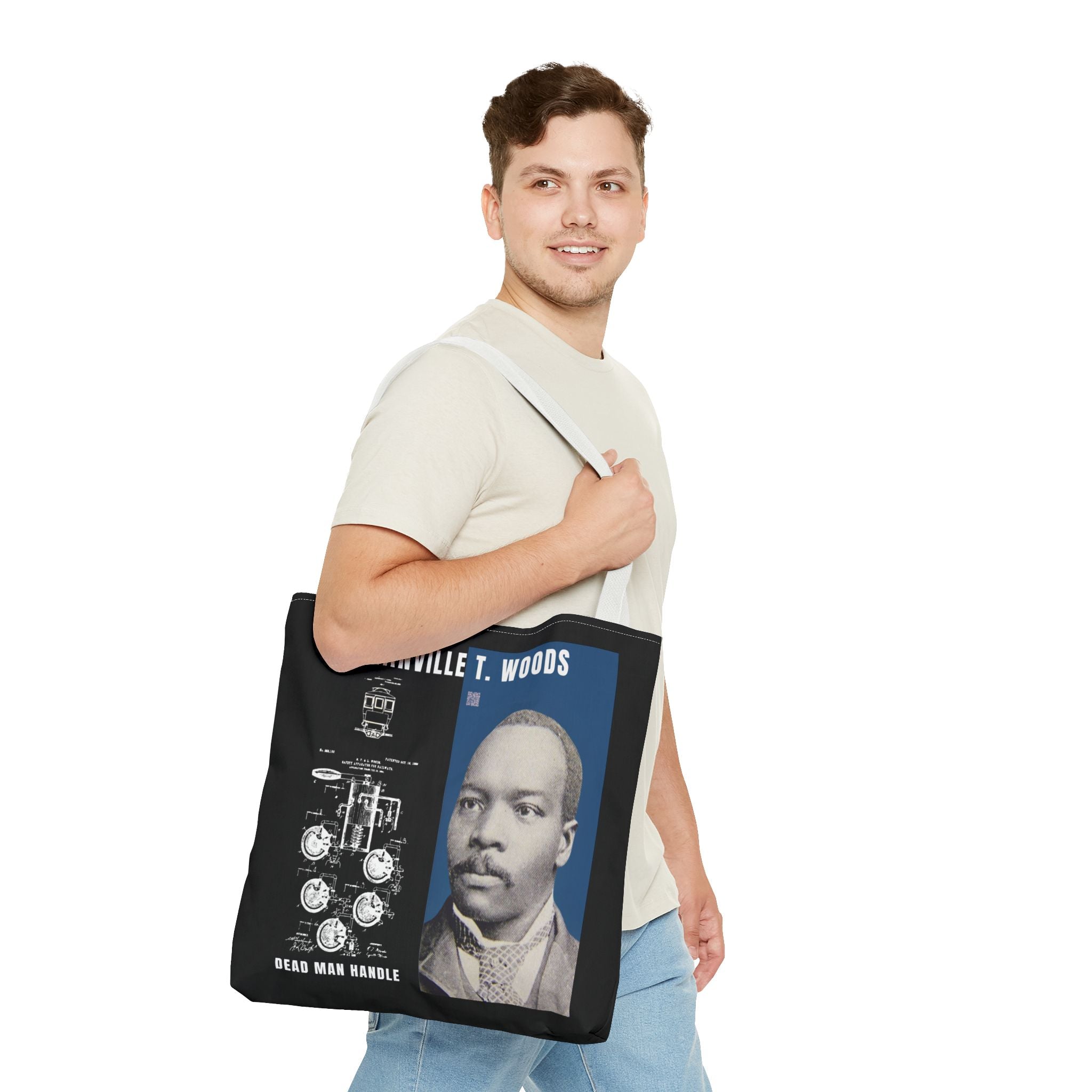 Granville T. Woods Historical Portrait Black Tote Bag (Trans/Dark Cerulean Block)